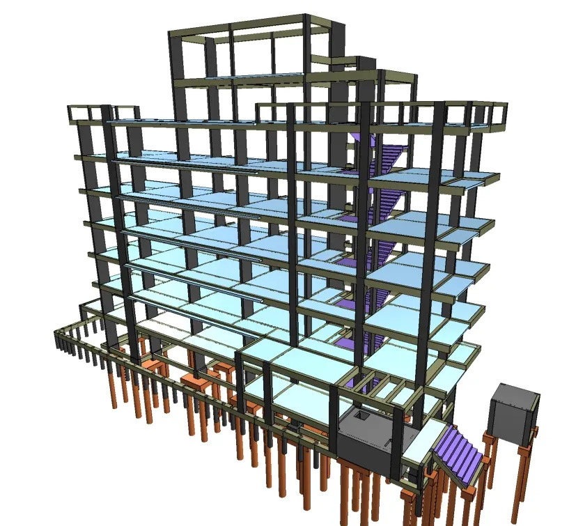 Modelo tridimensional da estrutura de um edifício de sete pavimentos, com pilares, vigas, lajes e fundação em estacas.