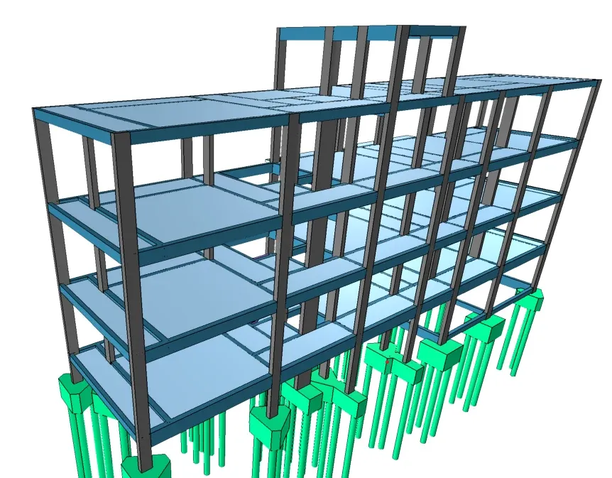 Modelo estrutural de um edifício de três pavimentos apoiado sobre estacas.