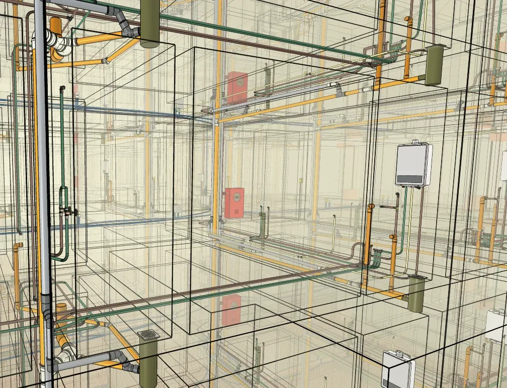 Detalhe do shaft com as tubulações verticais e os pontos de medição.