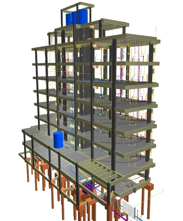 Modelo tridimensional de um edifício de sete pavimentos com as instalações integradas à estrutura.